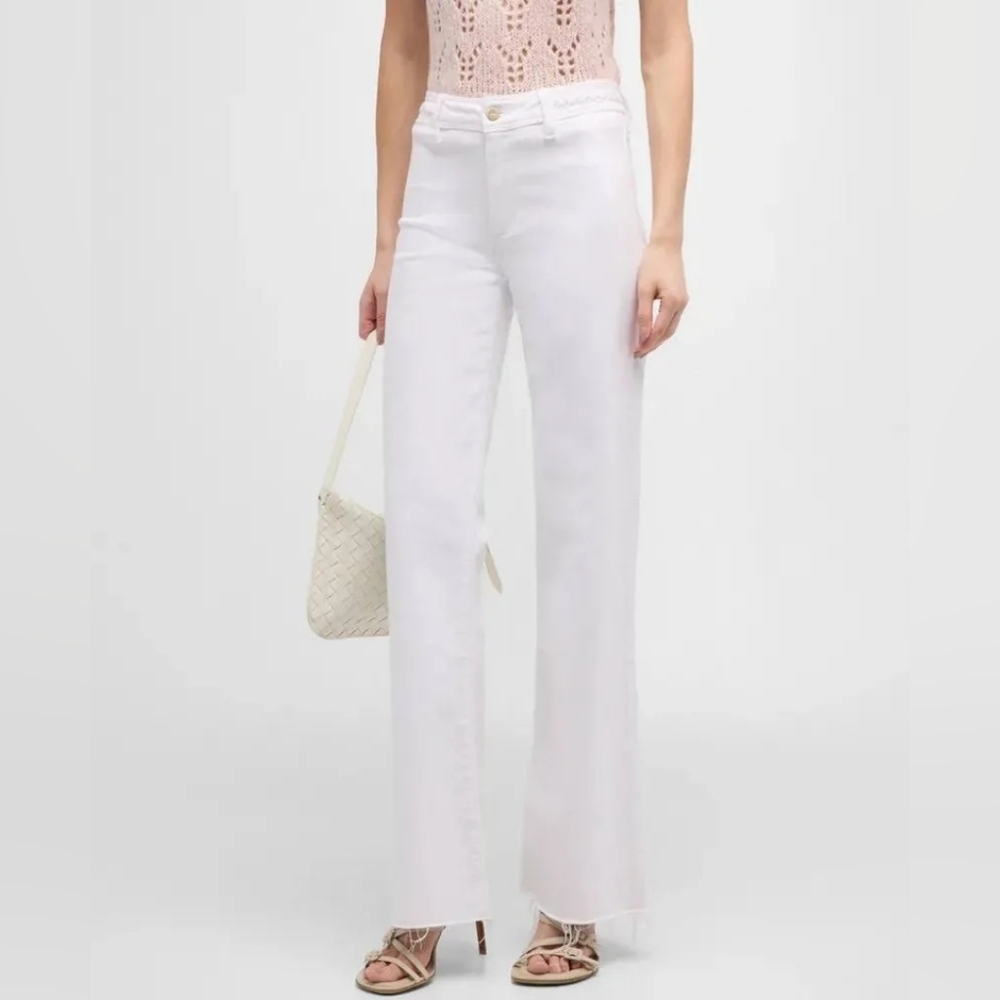 Paige Clean Front Leenah 32 WB Braid Wide Leg Raw Hem Jeans in Crisp White Sz 34